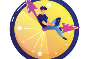 Programmer working on laptop sitting on the hand in a big clock vector illustration