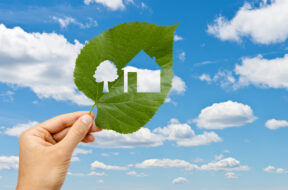 Hand holding leaf with a house cutted against sky