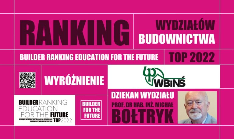 WYRÓŻNIENIE W RANKINGU WYDZIAŁÓW BUDOWNICTWA – BUILDER RANKING EDUCATION FOR THE FUTURE TOP 2022