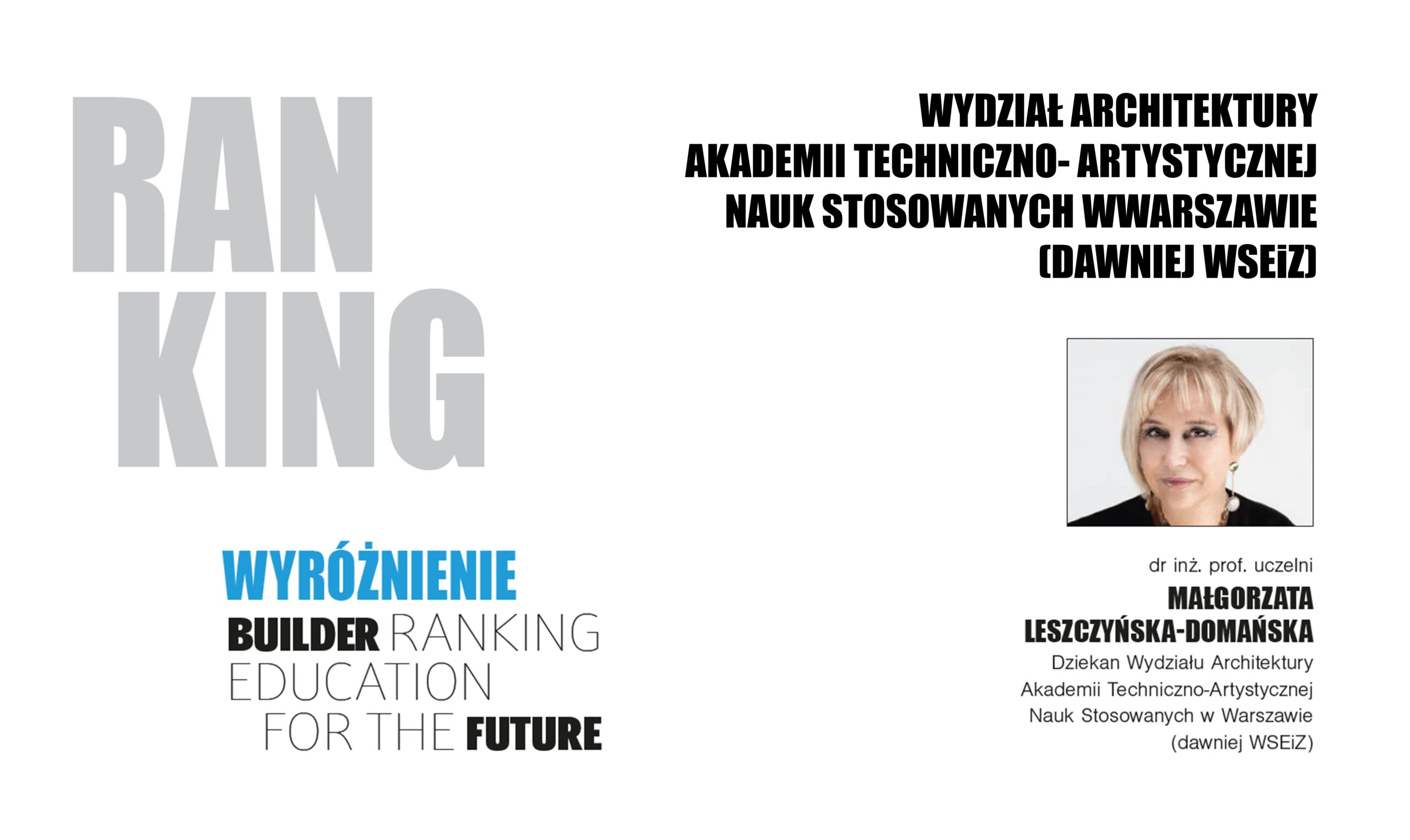 WYRÓŻNIENIE W RANKINGU WYDZIAŁÓW ARCHITEKTURY 2024 – AKADEMIA TECHNICZNO-ARTYSTYCZNA NAUK STOSOWANYCH W WARSZAWIE