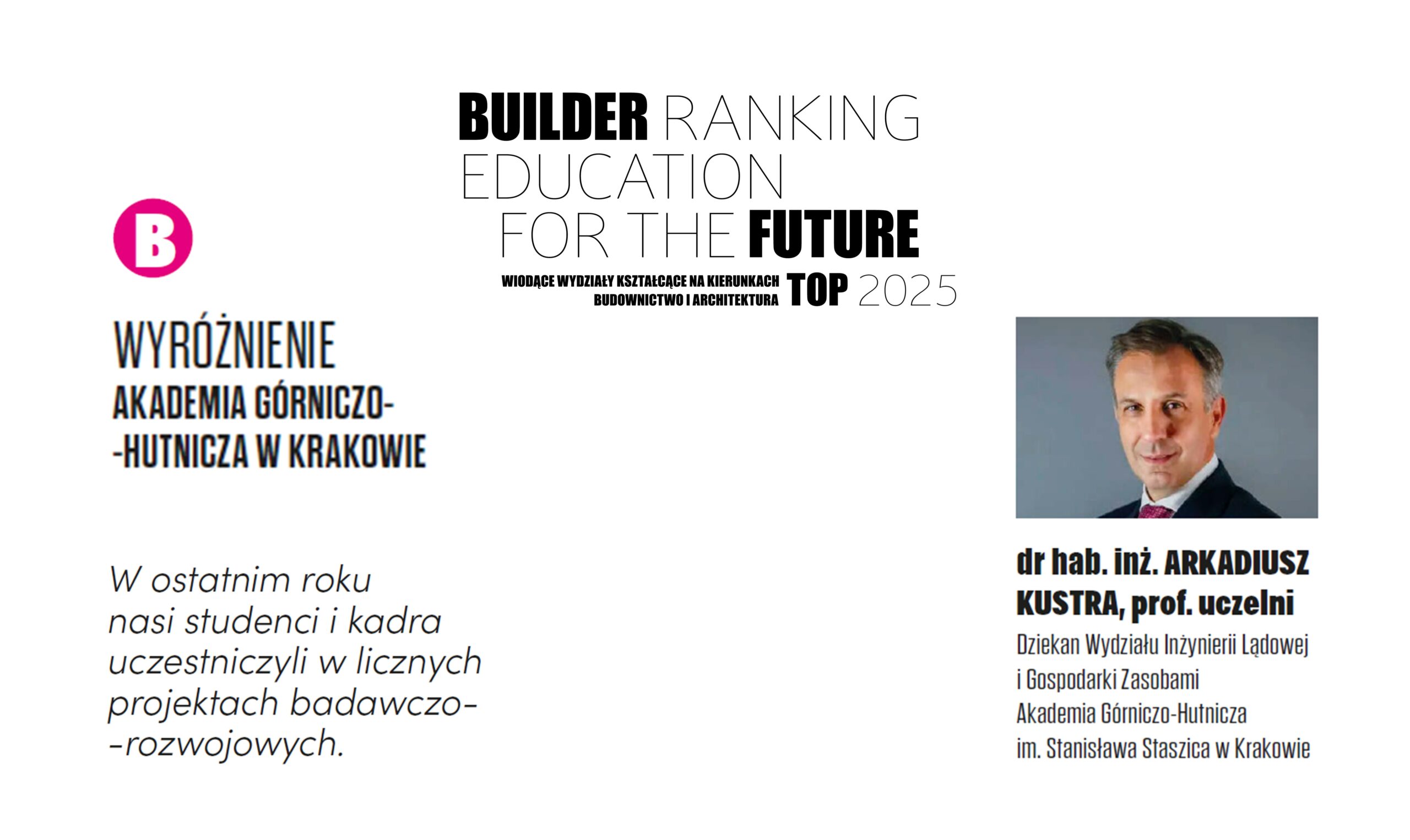 WYRÓŻNIENIE W RANKINGU WYDZIAŁÓW BUDOWNICTWA 2025 – AKADEMIA GÓRNICZO-HUTNICZA W KRAKOWIE