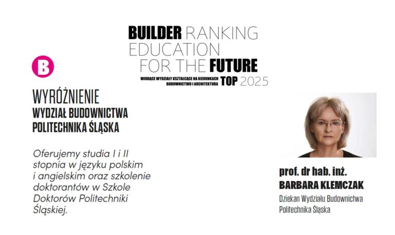 WYRÓŻNIENIE W RANKINGU WYDZIAŁÓW BUDOWNICTWA 2025 – POLITECHNIKA ŚLĄSKA