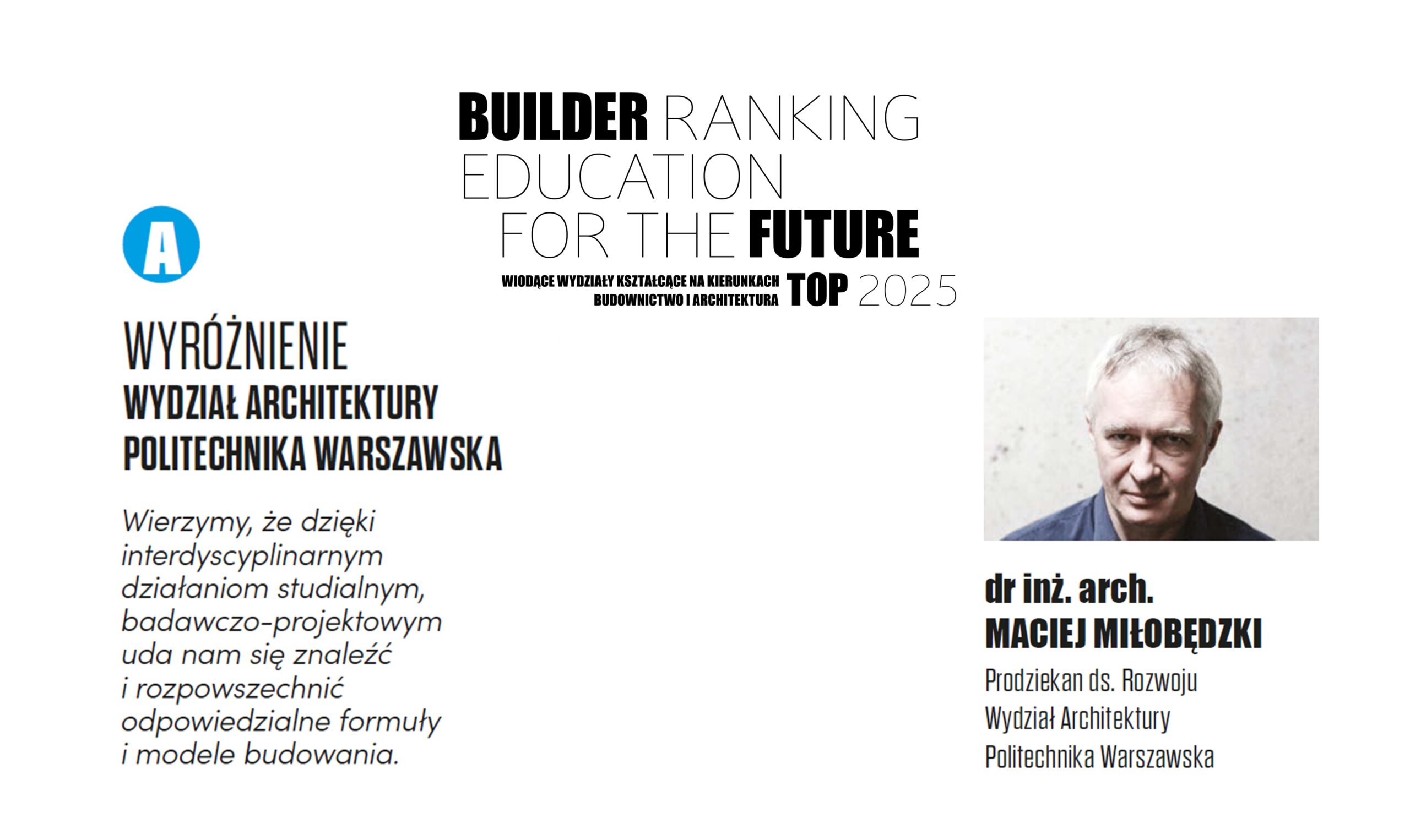 WYRÓŻNIENIE W RANKINGU WYDZIAŁÓW ARCHITEKTURY 2025 – POLITECHNIKA WARSZAWSKA