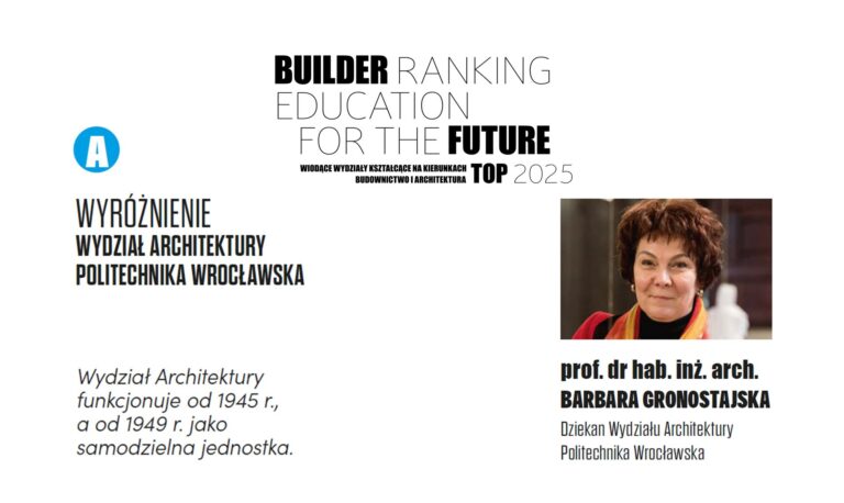 WYRÓŻNIENIE W RANKINGU WYDZIAŁÓW ARCHITEKTURY 2025 – POLITECHNIKA WROCŁAWSKA