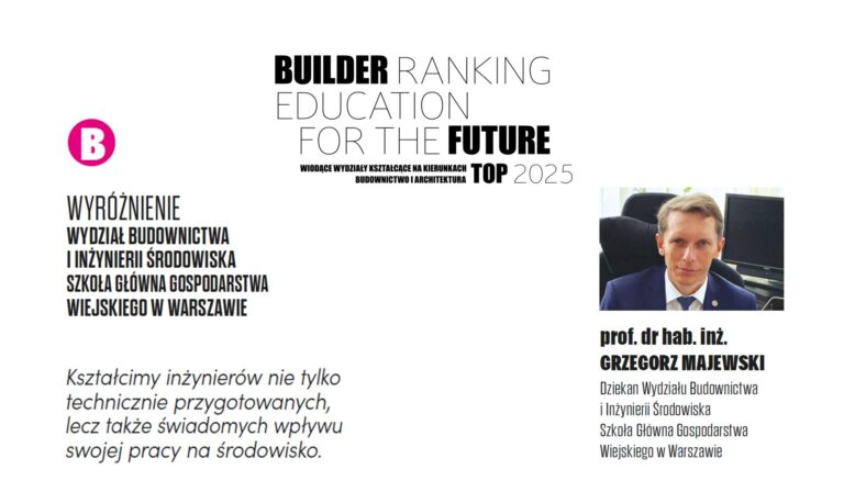 WYRÓŻNIENIE W RANKINGU WYDZIAŁÓW BUDOWNICTWA 2025 – SGGW